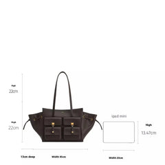 Black handbag with dimensions labeled on a white background