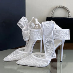 White mesh bow pointed toe heels