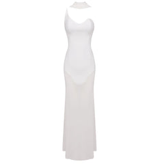 Strapless Asymmetric Neckline Mesh Patchwork Maxi Dress with Ribbon