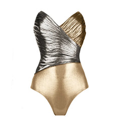 Metallic One-Shoulder Ruffled Bodysuit and Pleated Maxi Skirt Set