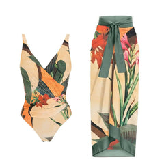 Tie-Strap V-Neck One-Piece Swimsuit with Matching Sarong Set