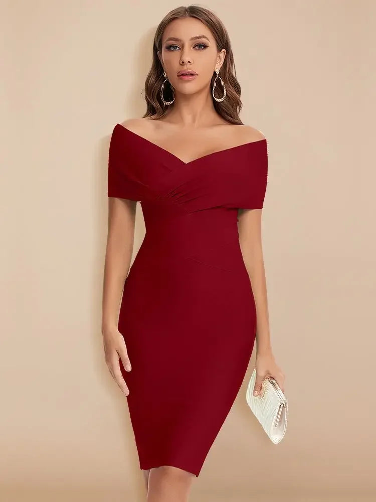 Woman wearing a red off-shoulder dress against a beige background