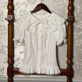 White puff sleeve lace collar bow detail blouse