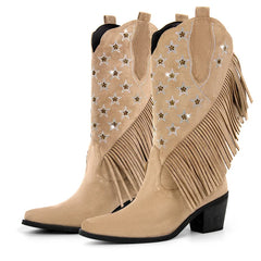 Fringe Star Embellished Pointed Toe Boots