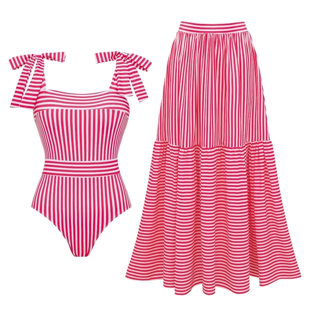 Striped square neck swimsuit with tie straps and matching tiered maxi skirt