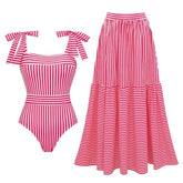 Striped square neck swimsuit with tie straps and matching tiered maxi skirt
