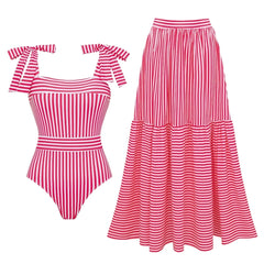 Striped square neck swimsuit with tie straps and matching tiered maxi skirt