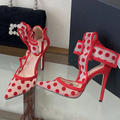 Red Polka Dot Mesh Bow Heels