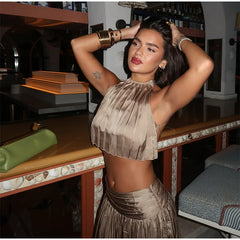 Golden High Neck Crop Top and Maxi Skirt Set