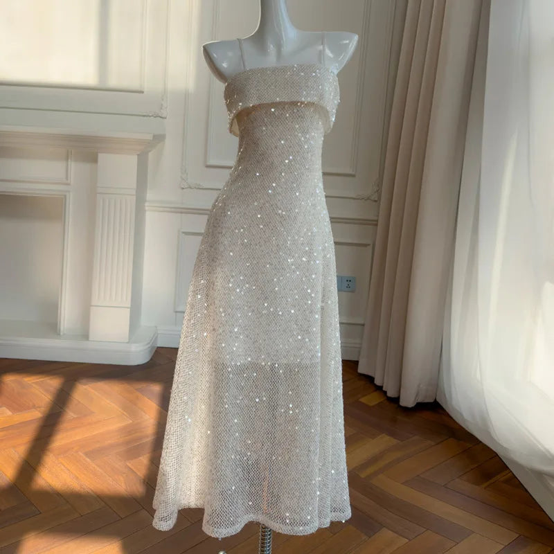 Sequin spaghetti strap midi dress