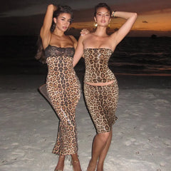 Sparkle Leopard Print Strapless Top And Midi Skirt Matching Set