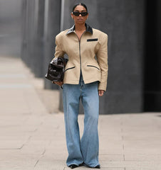 Contrast-Collar Zip Jacket with Tailored Lines
