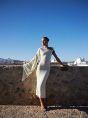 White One Shoulder Twisted Sleeve Midi Dress