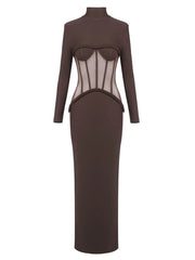 Brown dress with mesh panels on a white background
