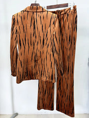 Star Embroidered Feather Trim Blazer and Flare Pant Suit