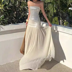 Strapless sequin bodice maxi dress with flowing pleated skirt