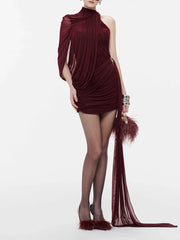 Maroon one-shoulder dress with feather details on a white background