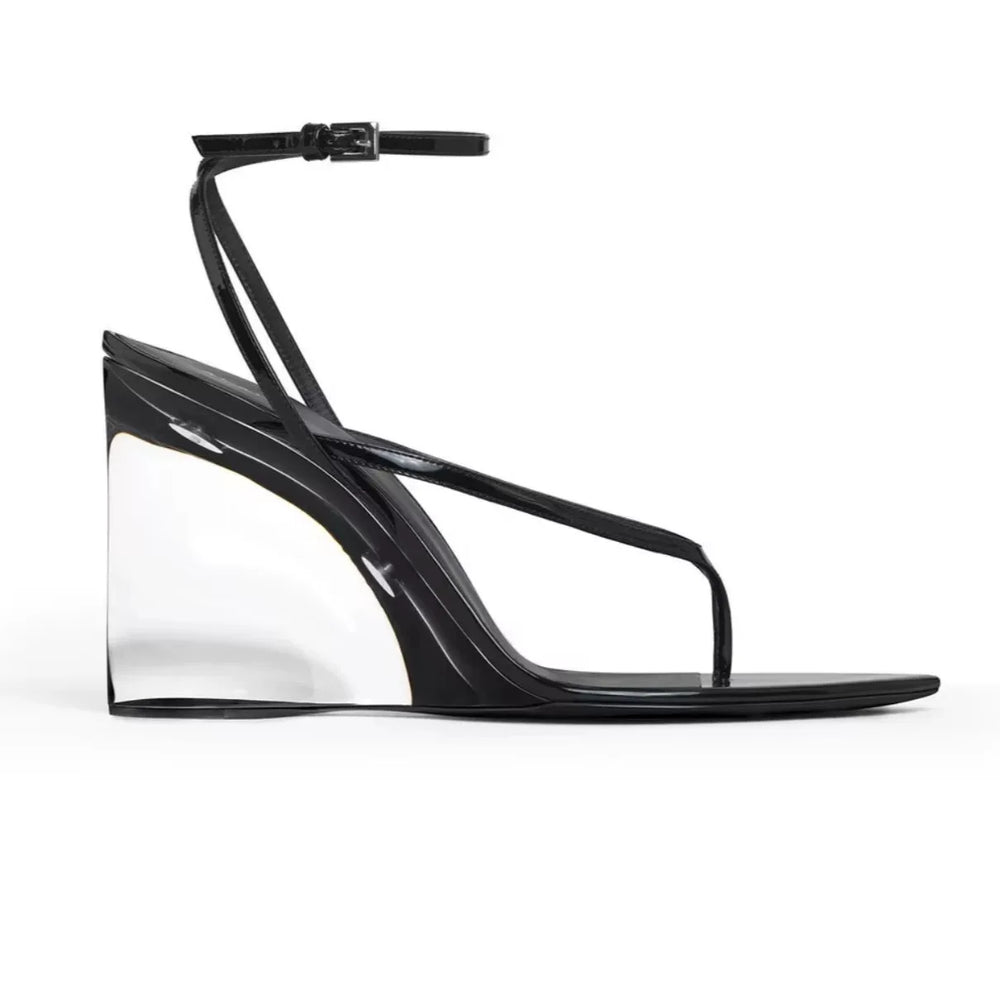 Black transparent wedge flip flop sandal side view