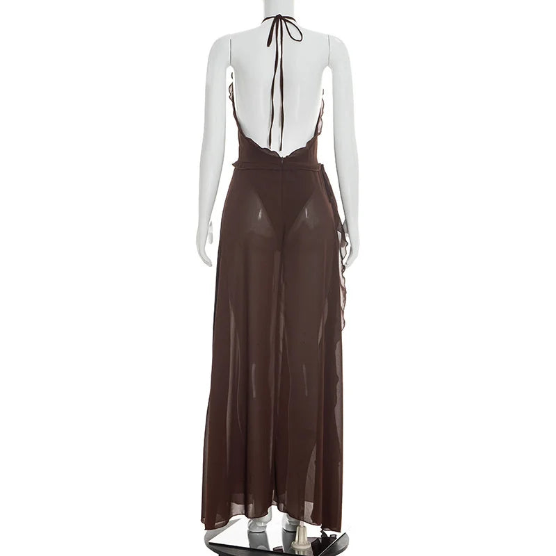 Mannequin wearing a brown sheer jumpsuit on a white background