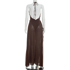 Mannequin wearing a brown sheer jumpsuit on a white background