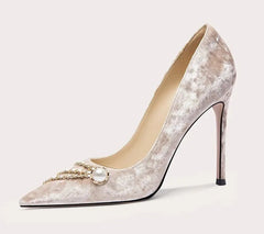 Pearl Chain Corduroy Heels | Pointed Party Stiletto Pumps