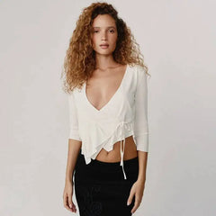 Ruched Wrap Neck 3/4 Sleeve Crop Top