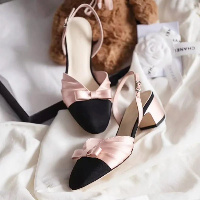 Pink bow slingback mid heel pumps with detail