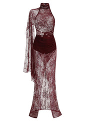 Burgundy Sheer High Neck Draped Lace Maxi Dress