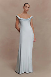 Off-shoulder cowl neck maxi dress in light blue