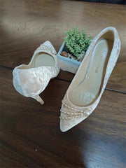 Pearl Chain Corduroy Heels | Pointed Party Stiletto Pumps