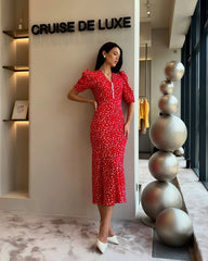 Half-Sleeve Polka Dot Midi Dress