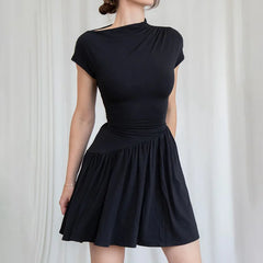 Pleated Hem Mock Neck Short Sleeve Dress