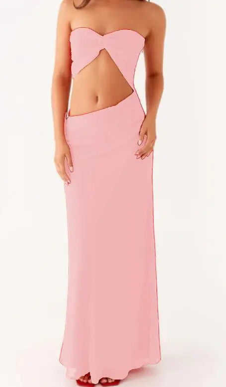 Pink strapless gown with cut-out design on a white background