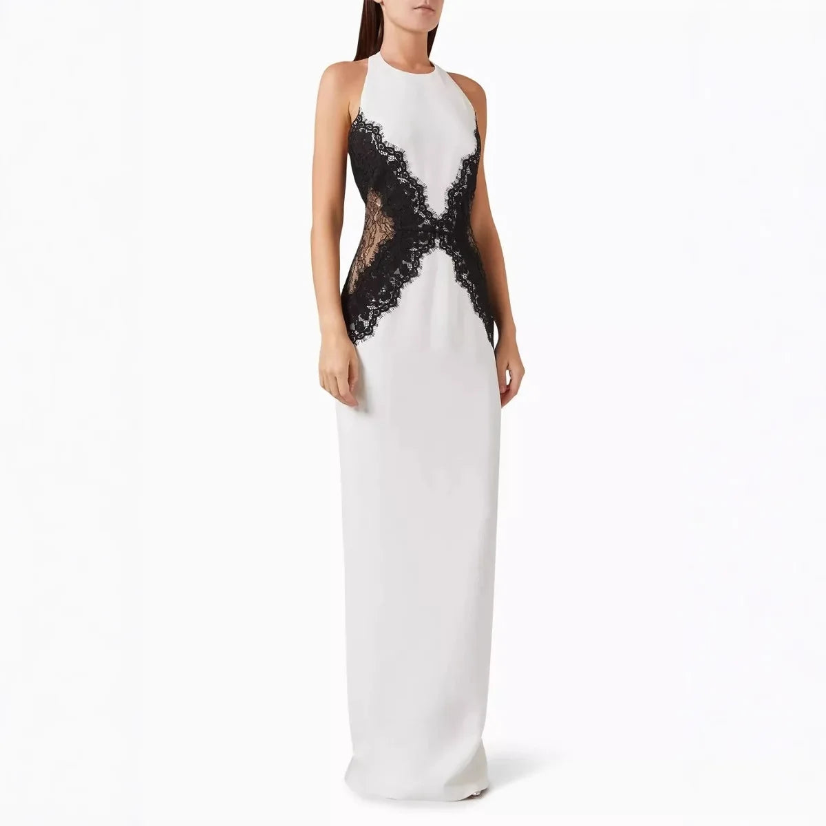 White evening gown with black lace detailing