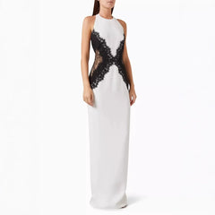 White evening gown with black lace detailing
