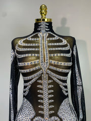 Skeleton rhinestone mesh jumpsuit neckline detail