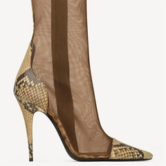 Snake Print Mesh Stiletto Boots