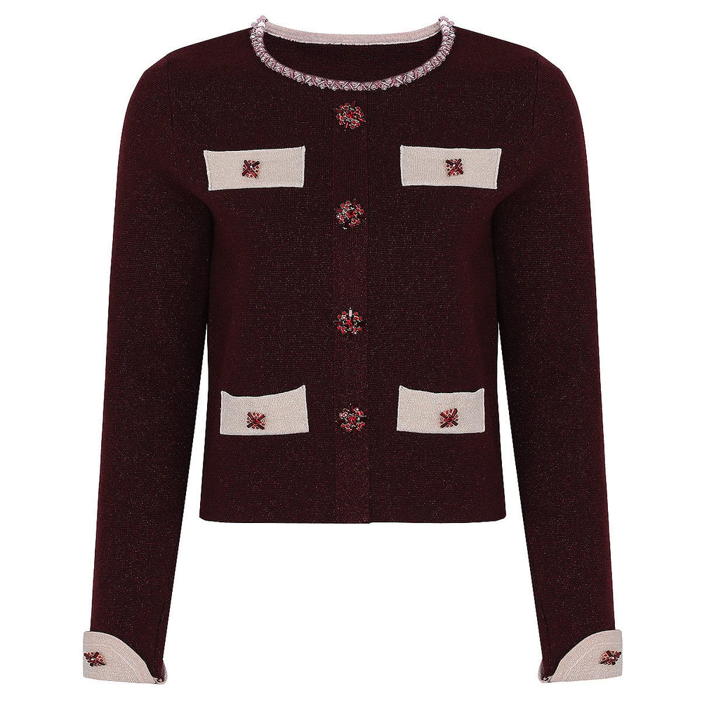 Burgundy knit cardigan with jeweled buttons and contrasting trim