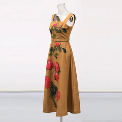 Brown dress with floral patterns on a mannequin against a white background