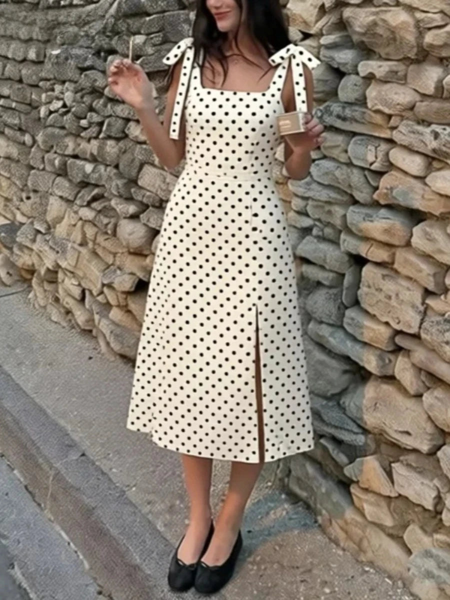 Square neck polka dot midi dress with tie shoulder straps