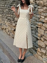 Square neck polka dot midi dress with tie shoulder straps