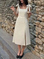 Square neck polka dot midi dress with tie shoulder straps