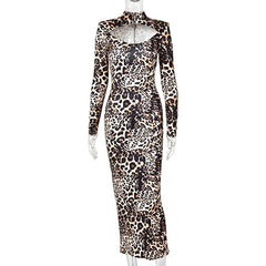 Leopard Print High Neck Maxi Dress