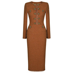 Brown dress with decorative buttons on a white background
