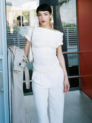 White Asymmetric Neck Braided Top