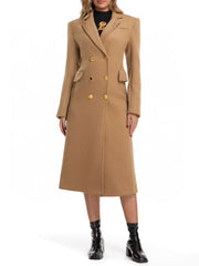 Tan coat with gold buttons worn by a model