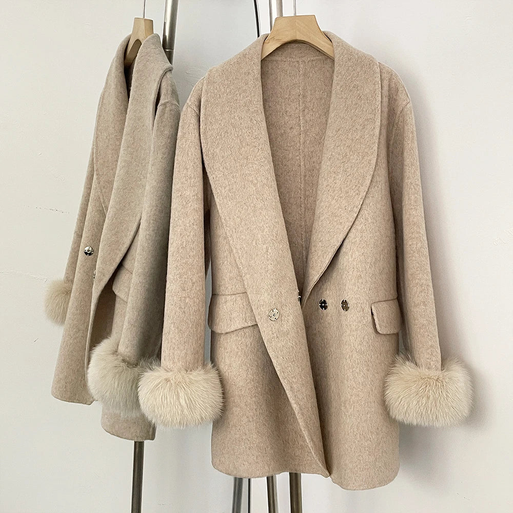 Beige wool coat with real fur cuffs