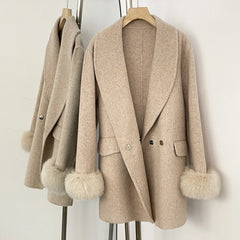 Beige wool coat with real fur cuffs