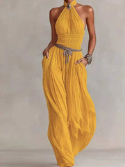 Halter Smocked Cropped Top And Wide Leg Pants Set