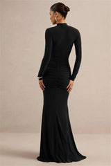 Long Sleeve Turtleneck Drape Tie Up Waist Detail Maxi Dress